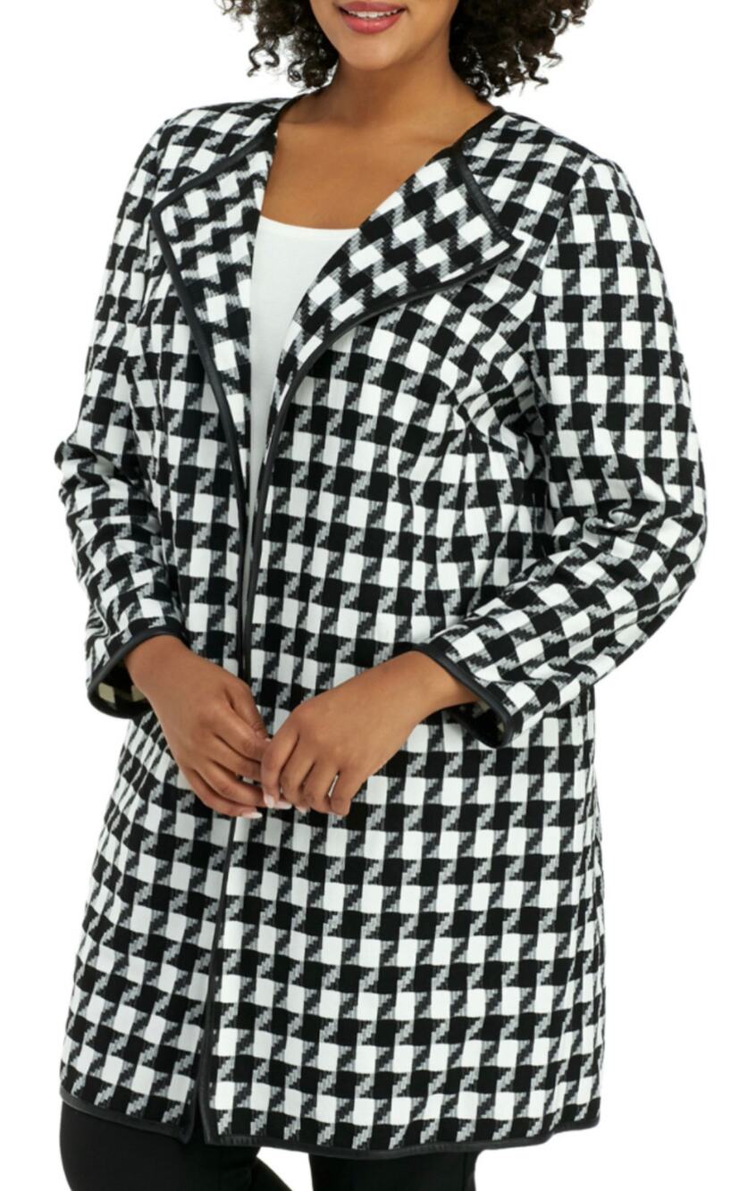 The Limited Womens Open Jacket Black White Houndstooth Sz 12 Faux Leather Trim